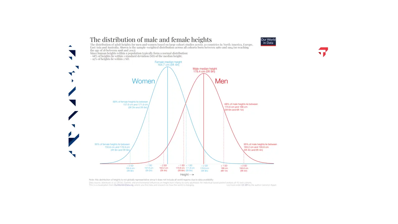 Adult heights for women and men: two overlapping normal curves