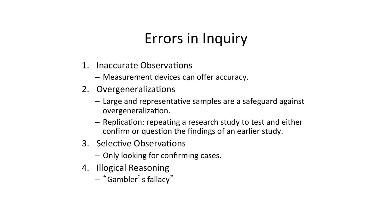 Slide: Errors in inquiry: inaccurate observation, overgeneralization, selective observation