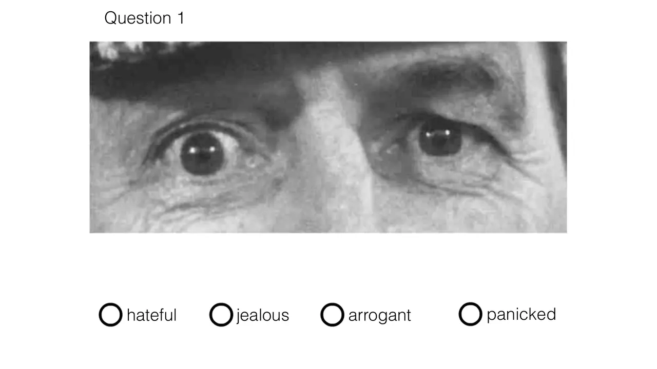 Slide: Reading the Mind in the Eyes: pick the word that fits each pair of eyes
