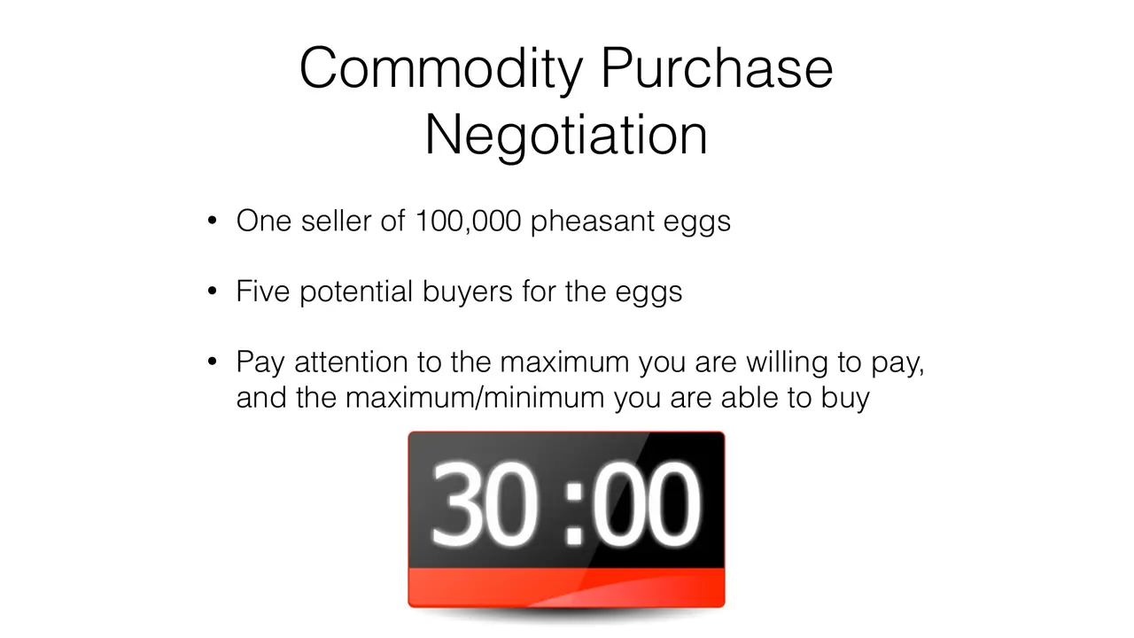 Slide: One seller of 100,000 pheasant eggs and five potential buyers