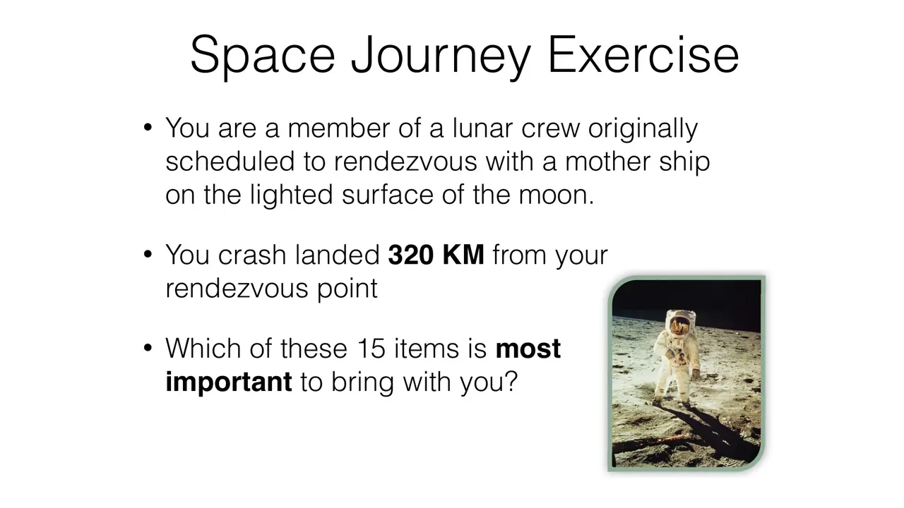 Slide: Crash-landed 320 km from the mother ship: which 15 items matter most?