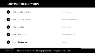 Solving 4,500 + 1.50x = 5.00x step by step: about 1,286 cups a month