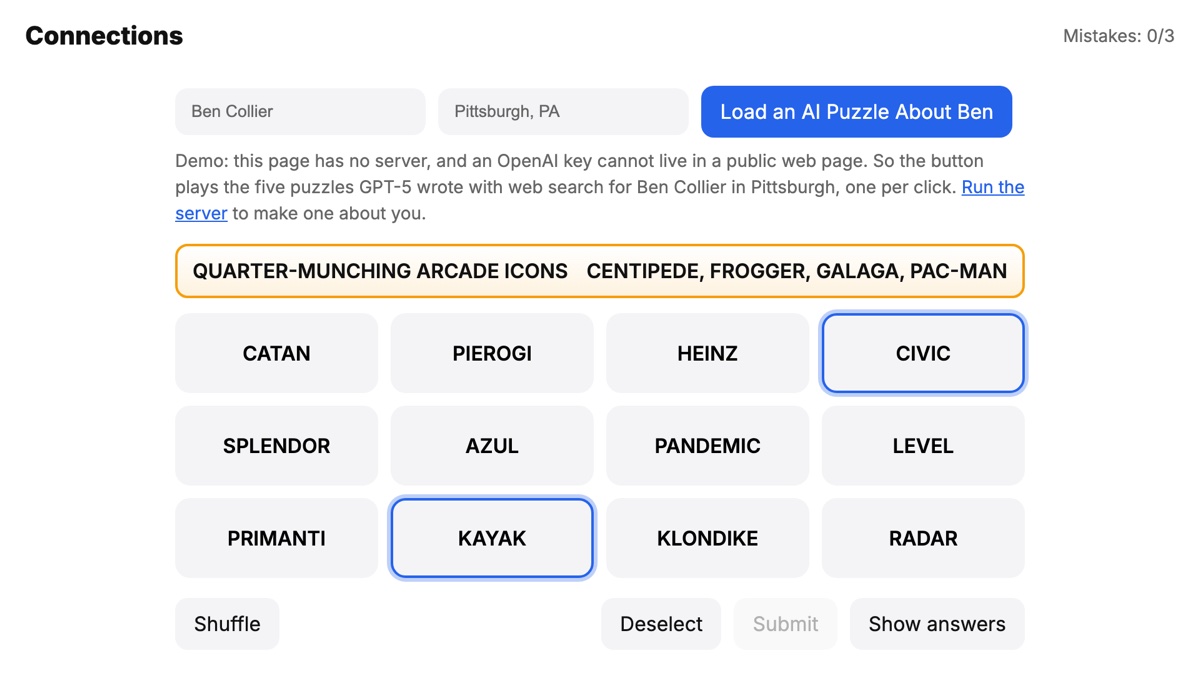 The game mid-puzzle: QUARTER-MUNCHING ARCADE ICONS solved in yellow above twelve words such as PIEROGI, CATAN and KAYAK, two of them selected