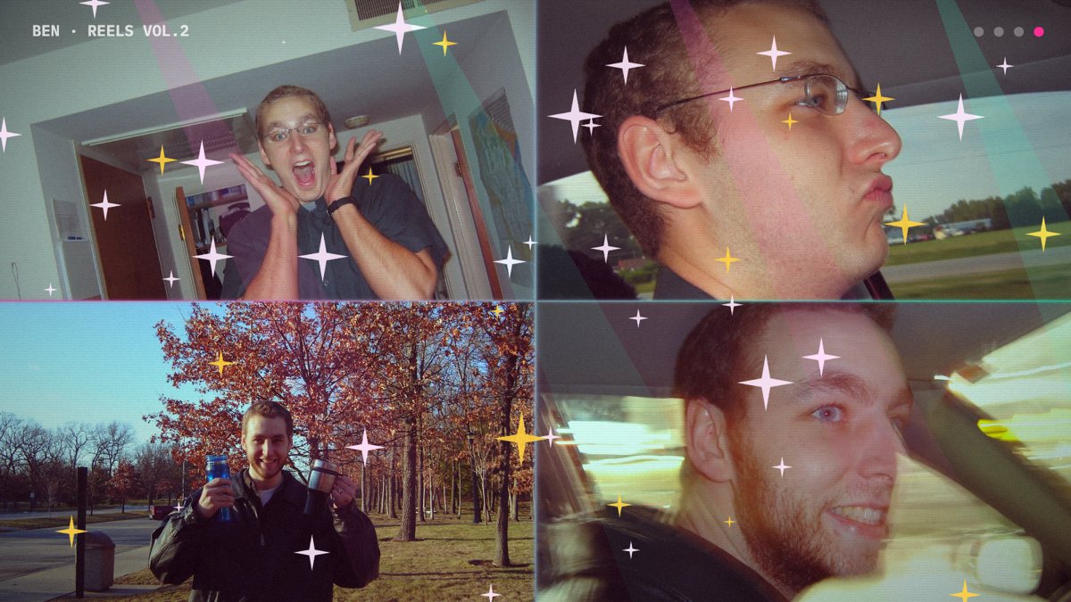 A four-up grid from version 2 of the reels: four photos of me from the mid-2000s under neon stage lights and sparkles