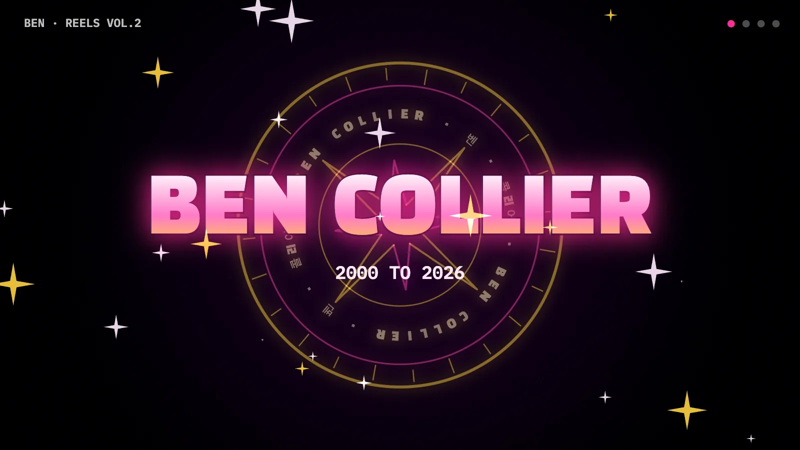 Version 2 title frame: my name in neon over a glowing seal